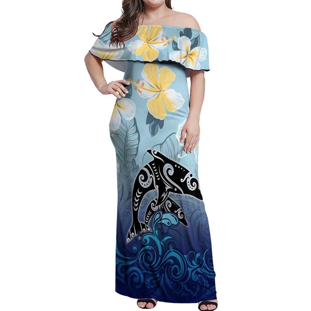 Mother And Baby Dolphins Off Shoulder Maxi Dress Hawaii Hibiscus
