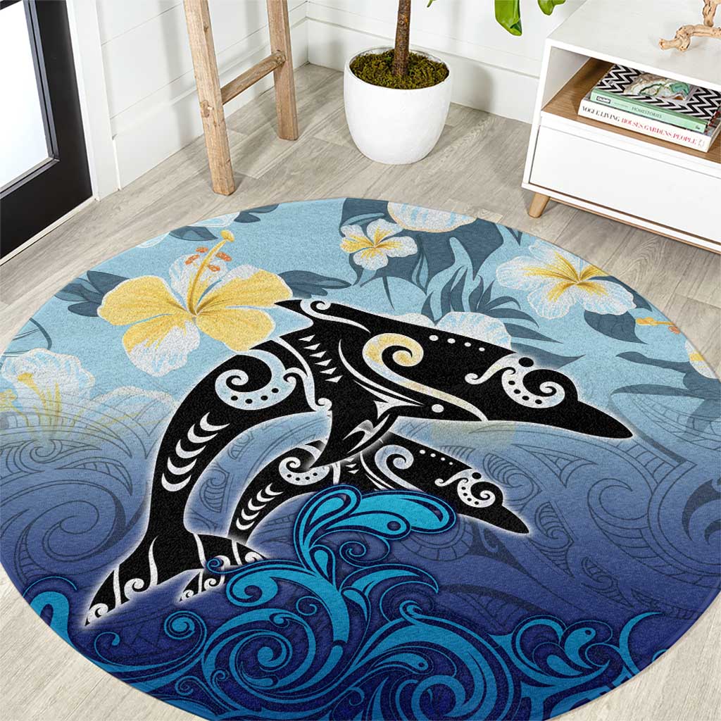 Mother And Baby Dolphins Round Carpet Hawaii Hibiscus DT02 Blue - Polynesian Pride