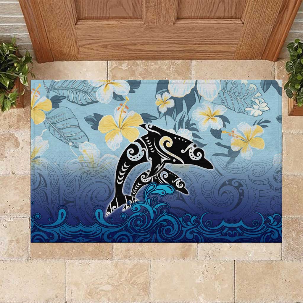 Mother And Baby Dolphins Rubber Doormat Hawaii Hibiscus DT02 Blue - Polynesian Pride