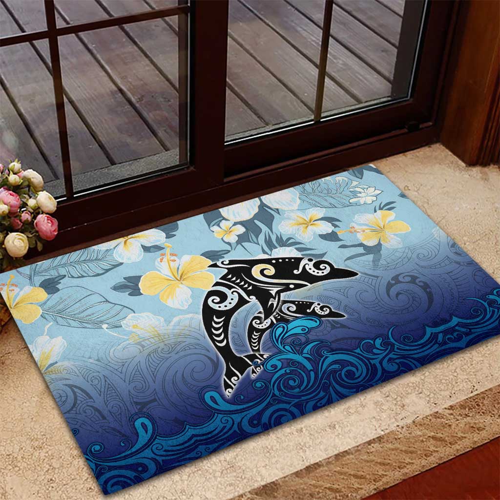 Mother And Baby Dolphins Rubber Doormat Hawaii Hibiscus
