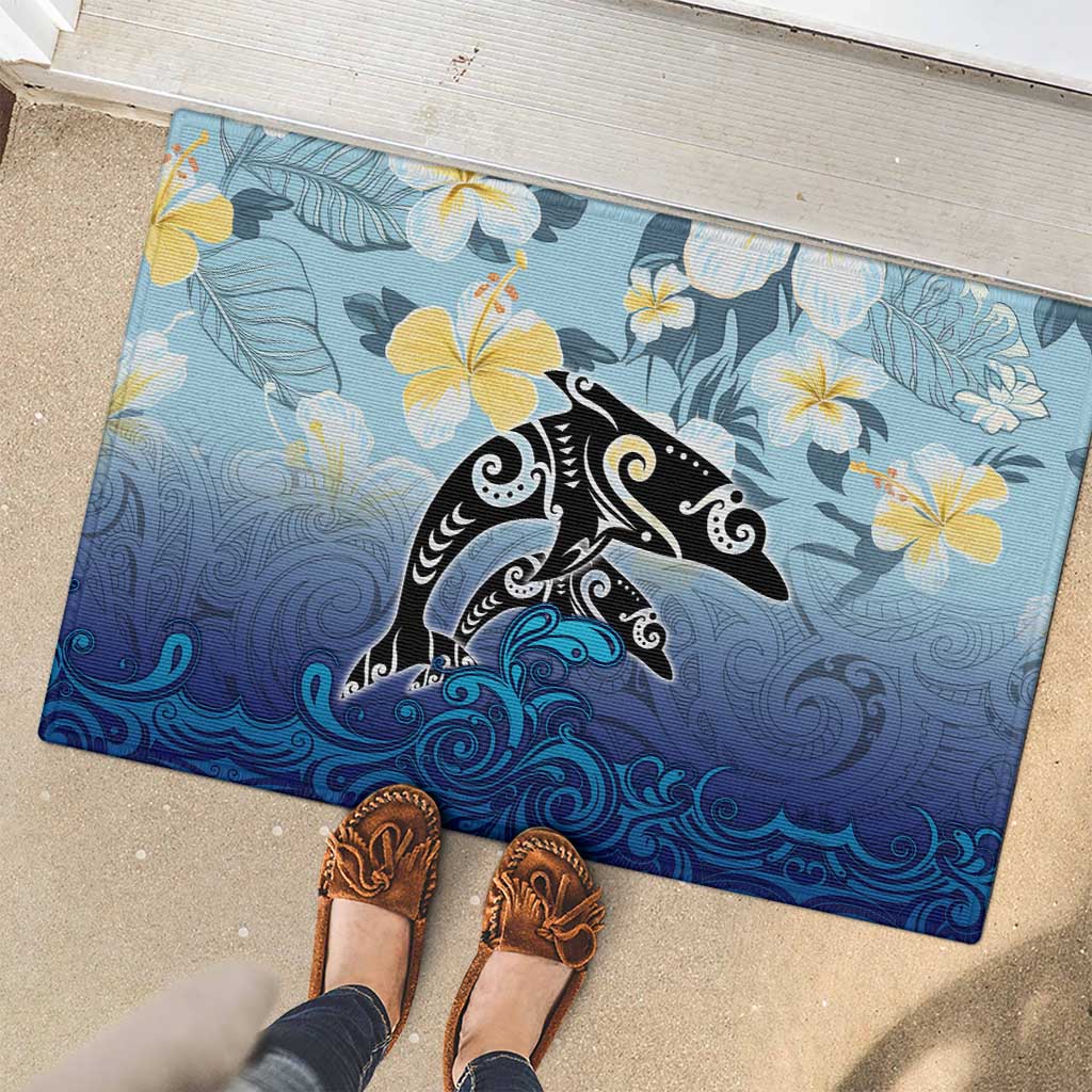 Mother And Baby Dolphins Rubber Doormat Hawaii Hibiscus