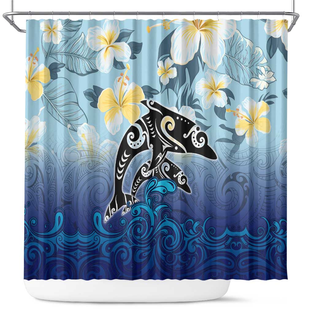 Mother And Baby Dolphins Shower Curtain Hawaii Hibiscus DT02 Blue - Polynesian Pride