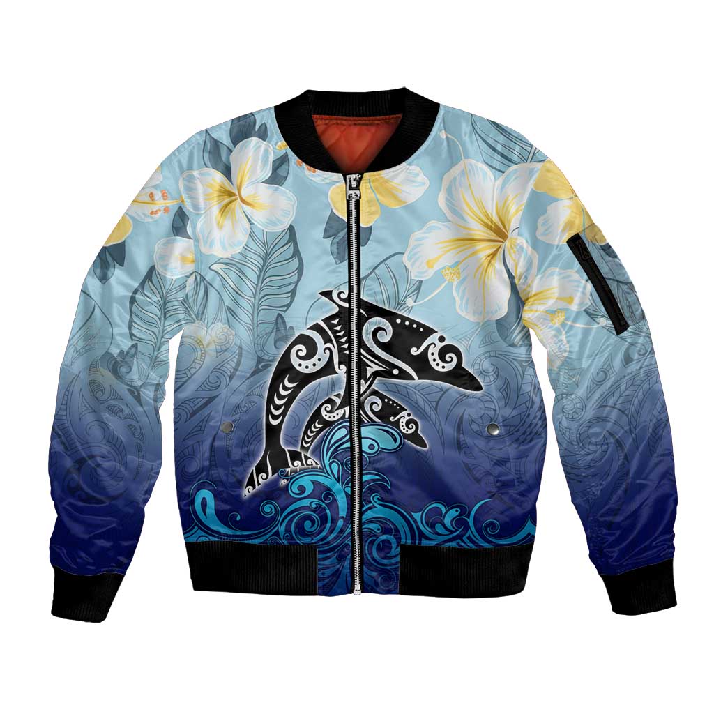 Mother And Baby Dolphins Sleeve Zip Bomber Jacket Hawaii Hibiscus DT02 Unisex Blue - Polynesian Pride