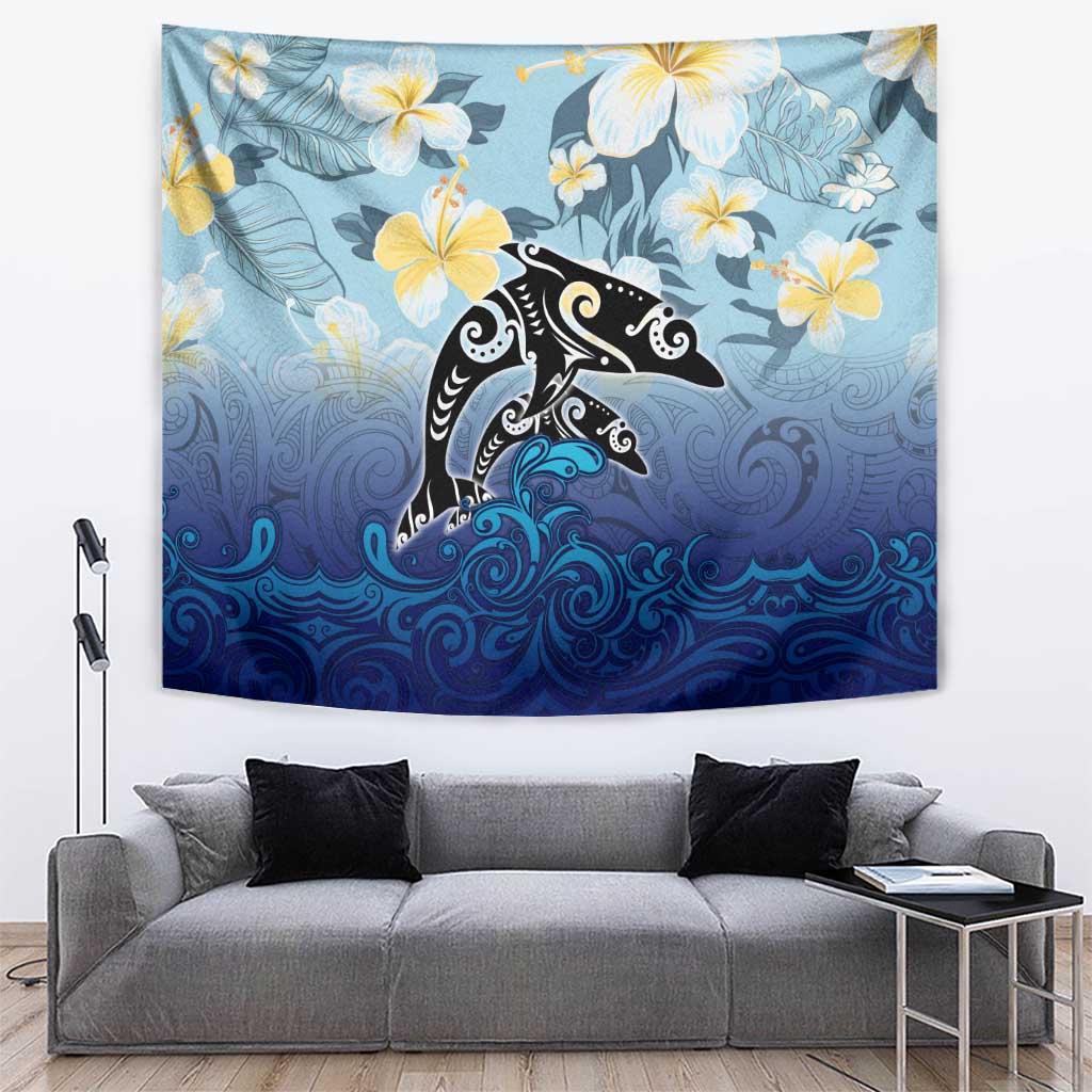 Mother And Baby Dolphins Tapestry Hawaii Hibiscus DT02 Blue - Polynesian Pride