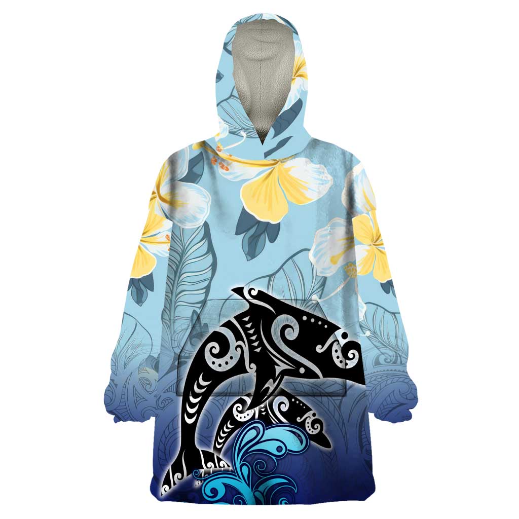 Mother And Baby Dolphins Wearable Blanket Hoodie Hawaii Hibiscus DT02 One Size Blue - Polynesian Pride