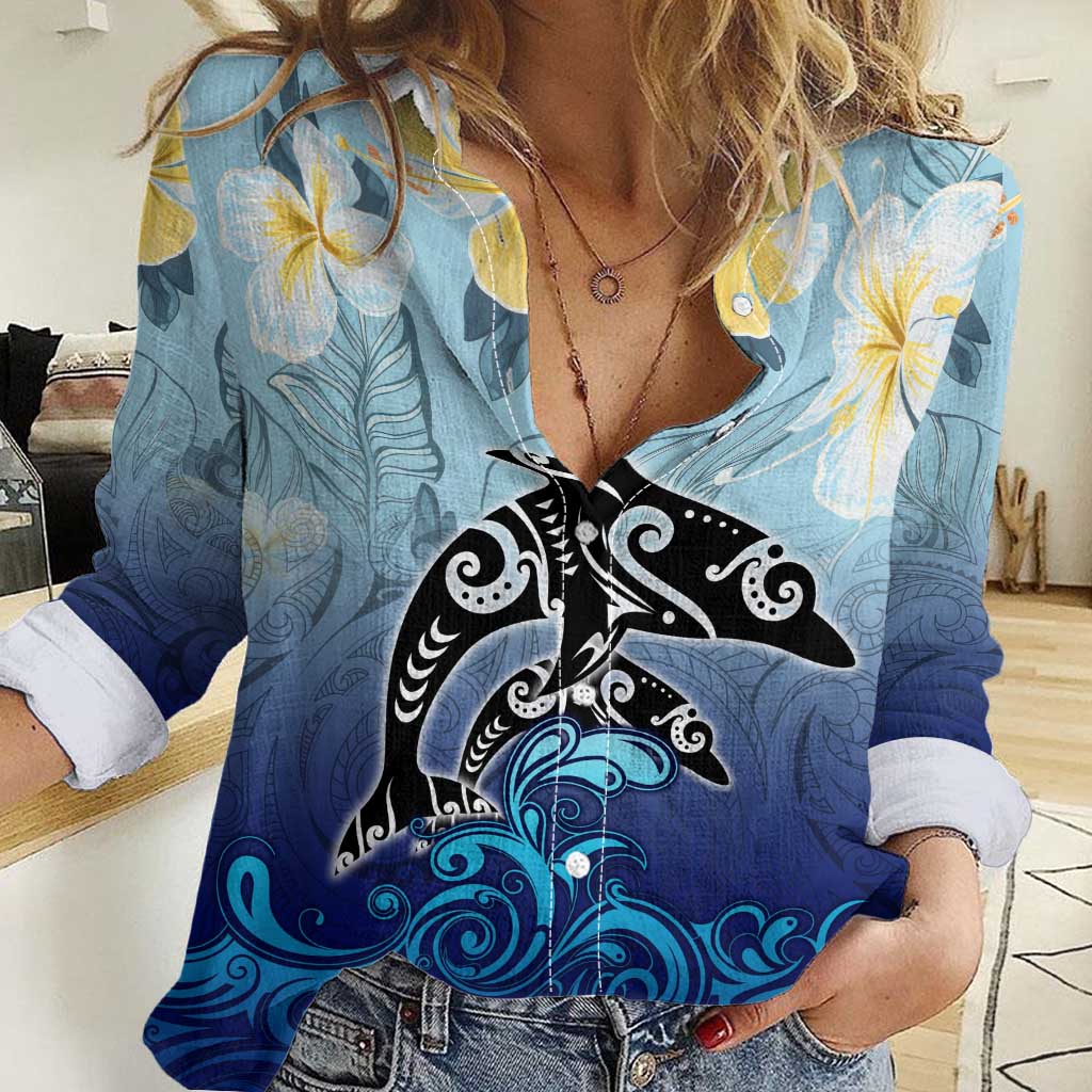 Mother And Baby Dolphins Women Casual Shirt Hawaii Hibiscus