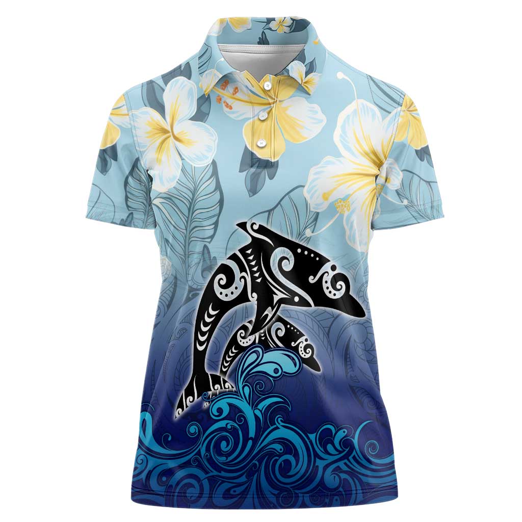 Mother And Baby Dolphins Women Polo Shirt Hawaii Hibiscus