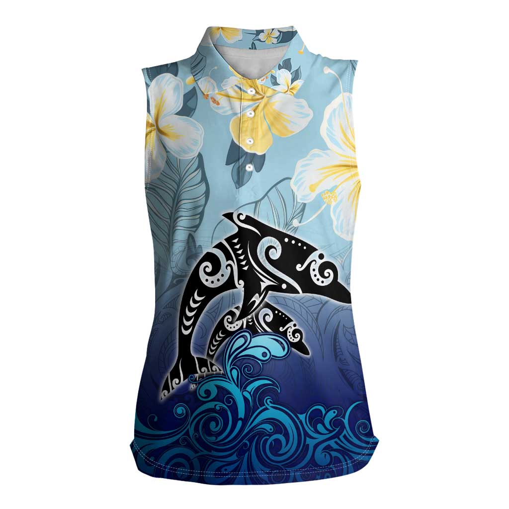 Mother And Baby Dolphins Women Sleeveless Polo Shirt Hawaii Hibiscus