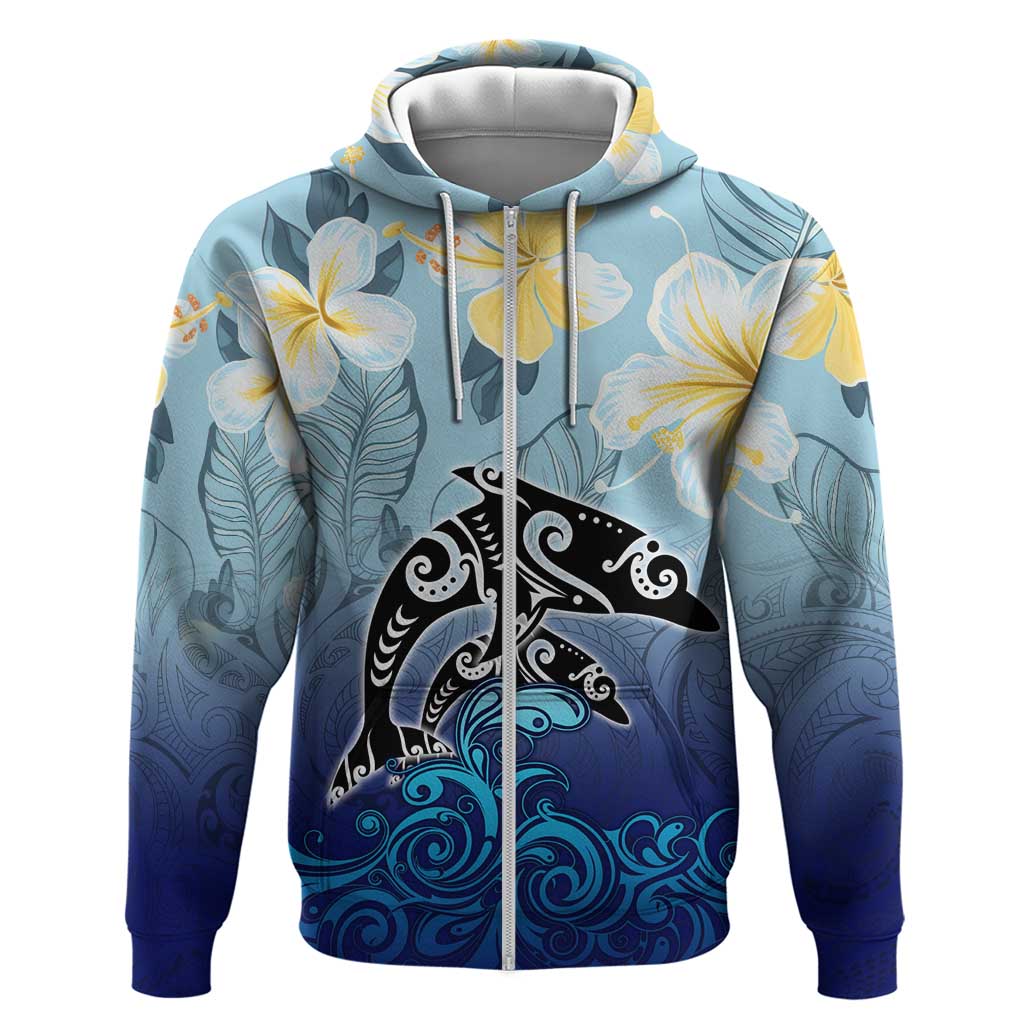 Mother And Baby Dolphins Zip Hoodie Hawaii Hibiscus DT02 Zip Hoodie Blue - Polynesian Pride