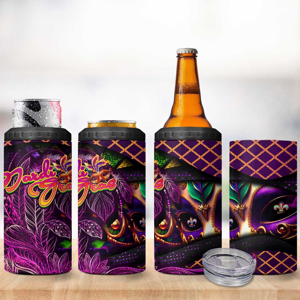 Happy Mardi Gras 4 in 1 Can Cooler Tumbler Mask Feather Colorfull