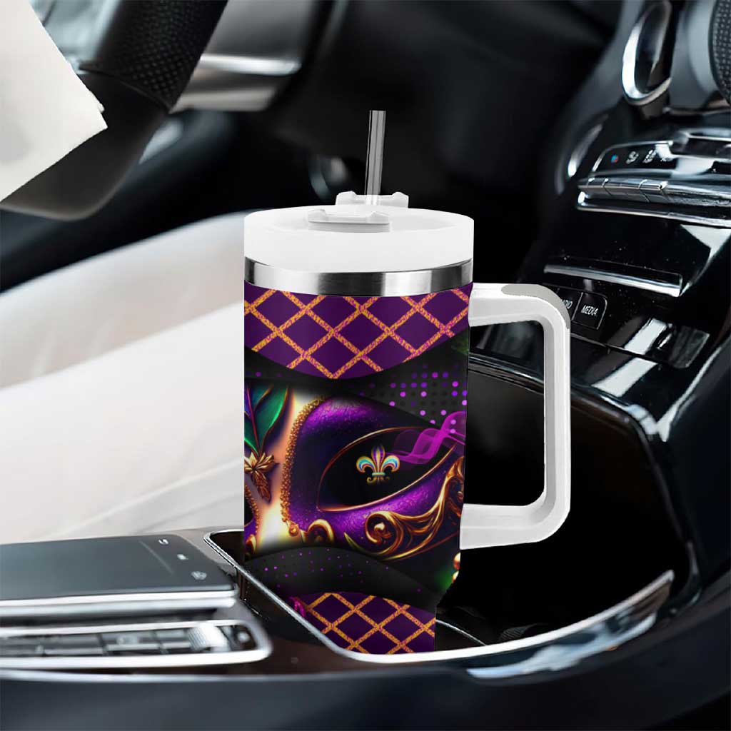 Happy Mardi Gras Tumbler With Handle Mask Feather Colorfull