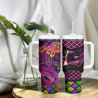 Happy Mardi Gras Tumbler With Handle Mask Feather Colorfull