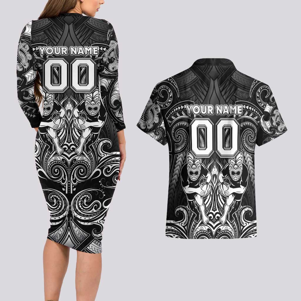 Personalized All Black Couples Matching Long Sleeve Bodycon Dress and Hawaiian Shirt New Zealand Rugby Mascot Maori