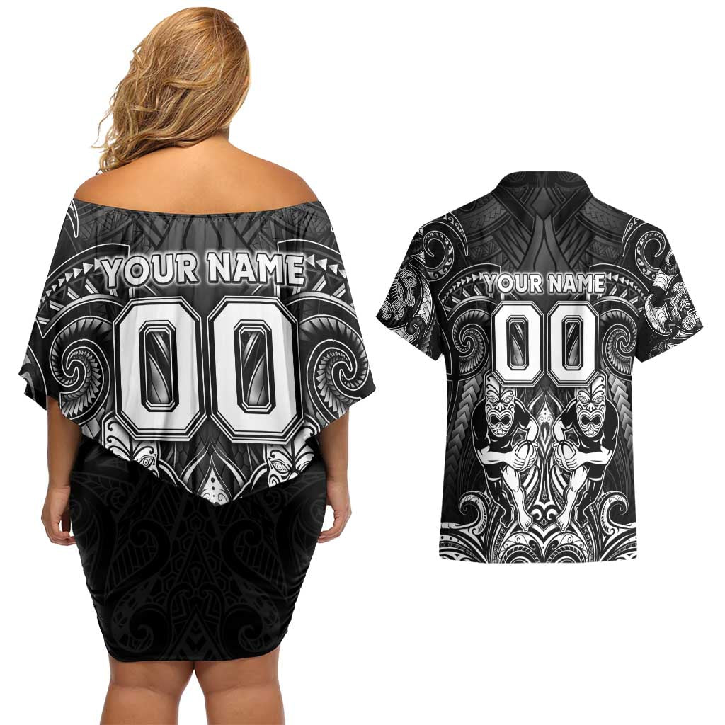 Personalized All Black Couples Matching Off Shoulder Short Dress and Hawaiian Shirt New Zealand Rugby Mascot Maori
