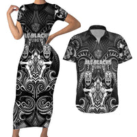 Personalized All Black Couples Matching Short Sleeve Bodycon Dress and Hawaiian Shirt New Zealand Rugby Mascot Maori
