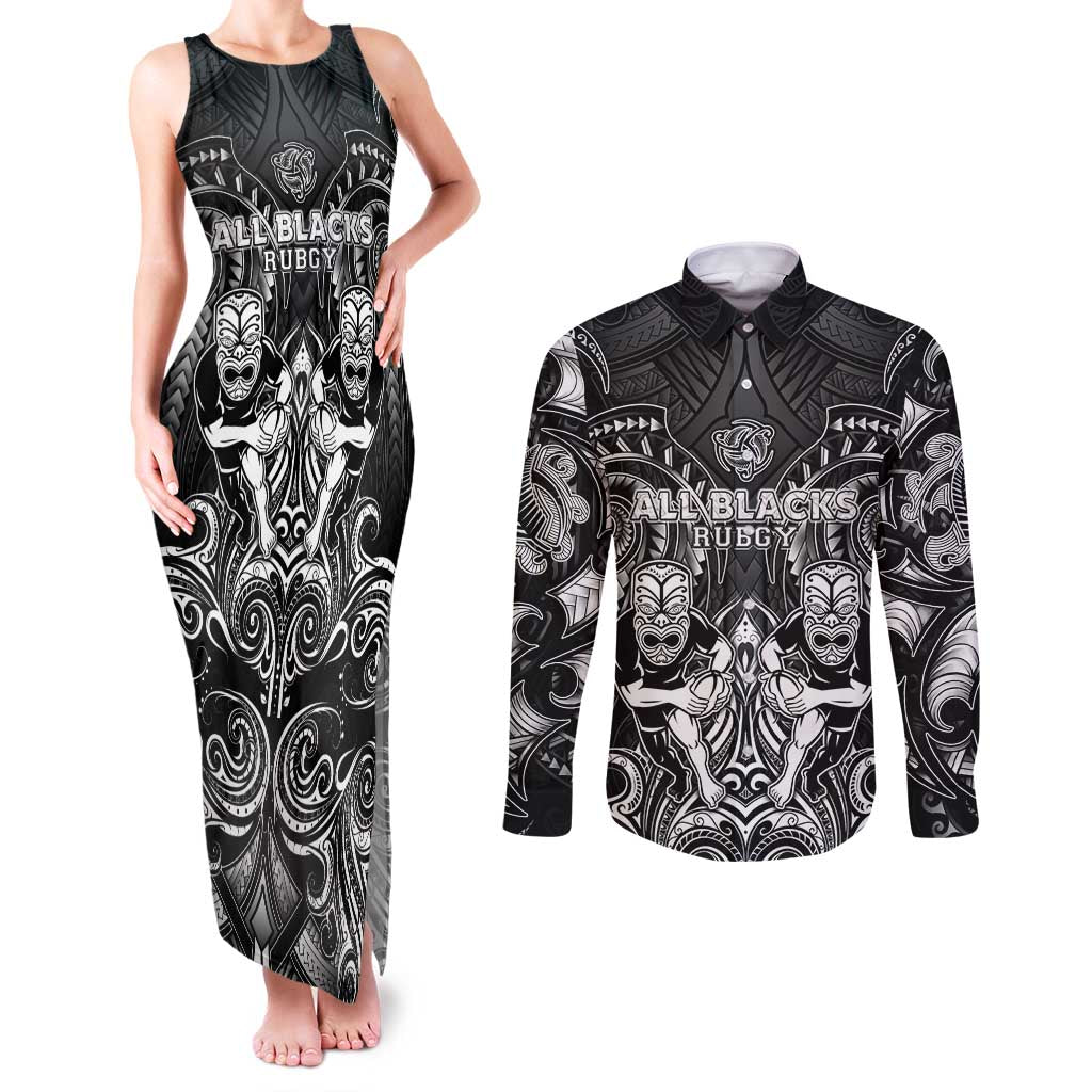 Personalized All Black Couples Matching Tank Maxi Dress and Long Sleeve Button Shirt New Zealand Rugby Mascot Maori