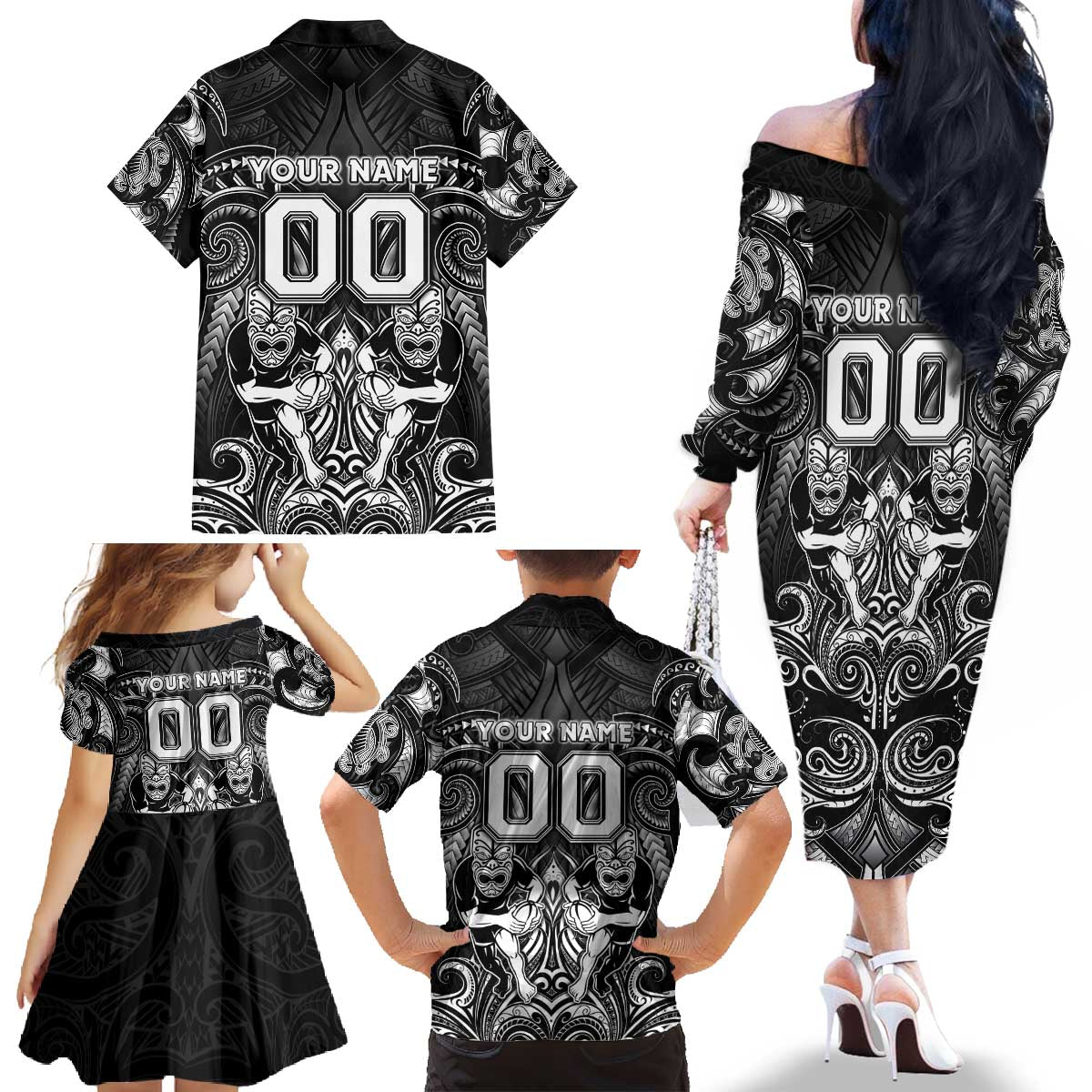 Personalized All Black Family Matching Off The Shoulder Long Sleeve Dress and Hawaiian Shirt New Zealand Rugby Mascot Maori