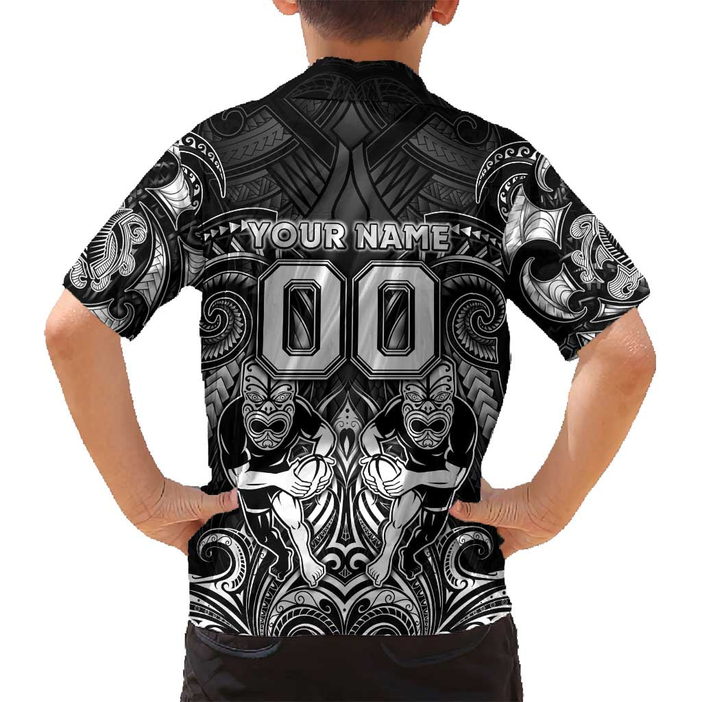 Personalized All Black Family Matching Off Shoulder Short Dress and Hawaiian Shirt New Zealand Rugby Mascot Maori DT02 - Polynesian Pride