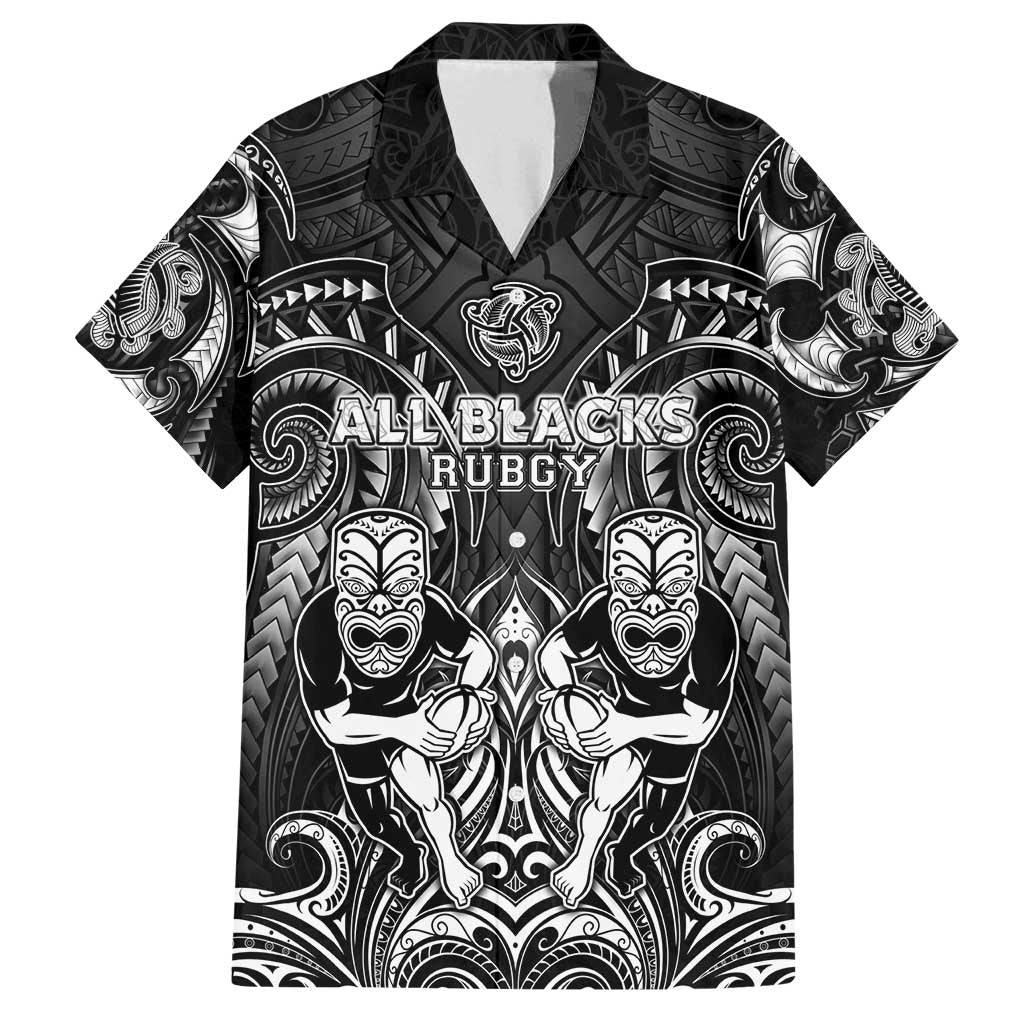 Personalized All Black Family Matching Off Shoulder Short Dress and Hawaiian Shirt New Zealand Rugby Mascot Maori DT02 Dad's Shirt - Short Sleeve Black - Polynesian Pride