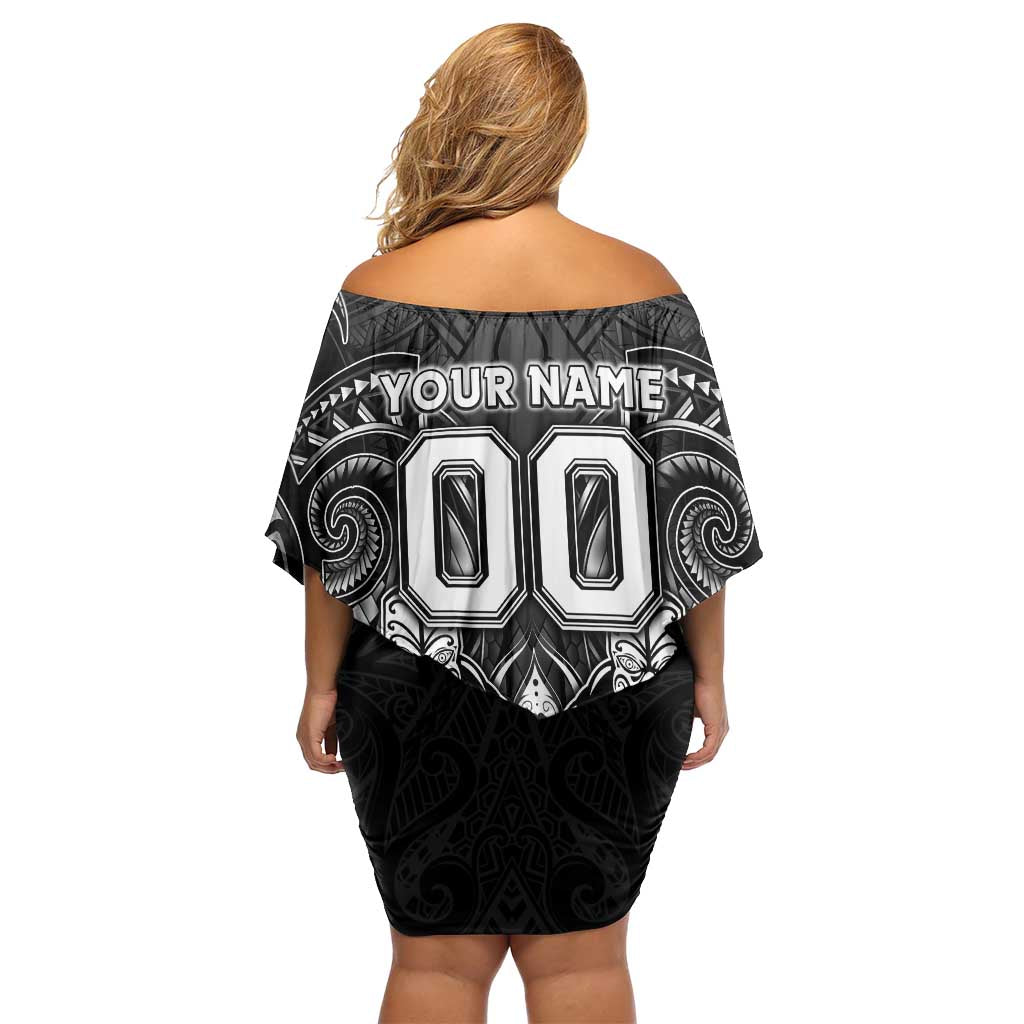 Personalized All Black Family Matching Off Shoulder Short Dress and Hawaiian Shirt New Zealand Rugby Mascot Maori DT02 - Polynesian Pride