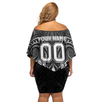Personalized All Black Family Matching Off Shoulder Short Dress and Hawaiian Shirt New Zealand Rugby Mascot Maori DT02 - Polynesian Pride