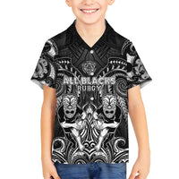 Personalized All Black Family Matching Off Shoulder Short Dress and Hawaiian Shirt New Zealand Rugby Mascot Maori DT02 Son's Shirt Black - Polynesian Pride