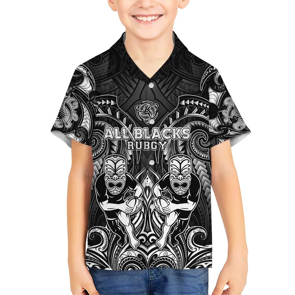 Personalized All Black Kid Hawaiian Shirt New Zealand Rugby Mascot Maori