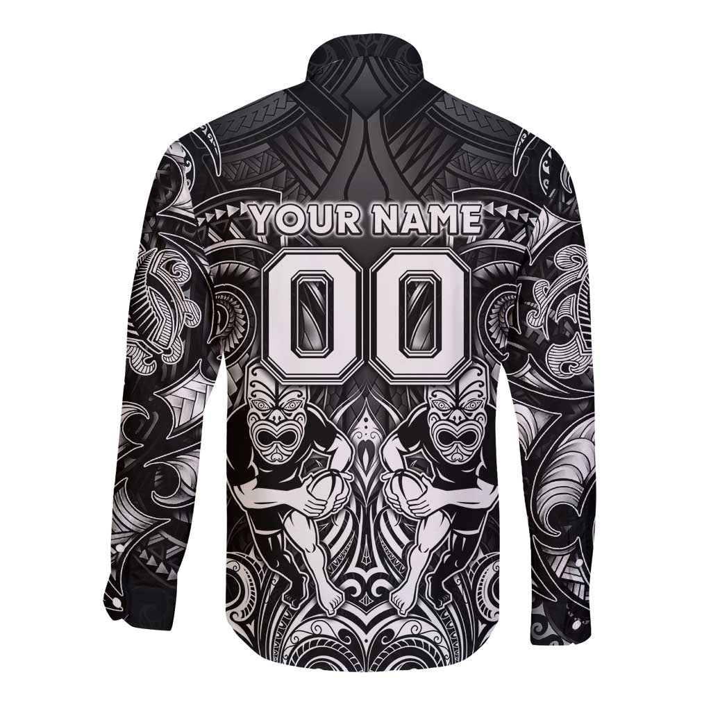 Personalized All Black Long Sleeve Button Shirt New Zealand Rugby Mascot Maori