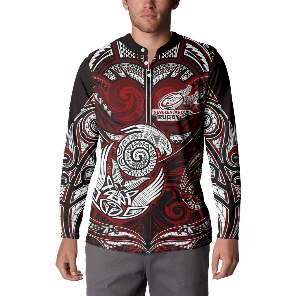 Personalized New Zealand Aotearoa Rugby Button Sweatshirt Maori Fern Tattoo Art