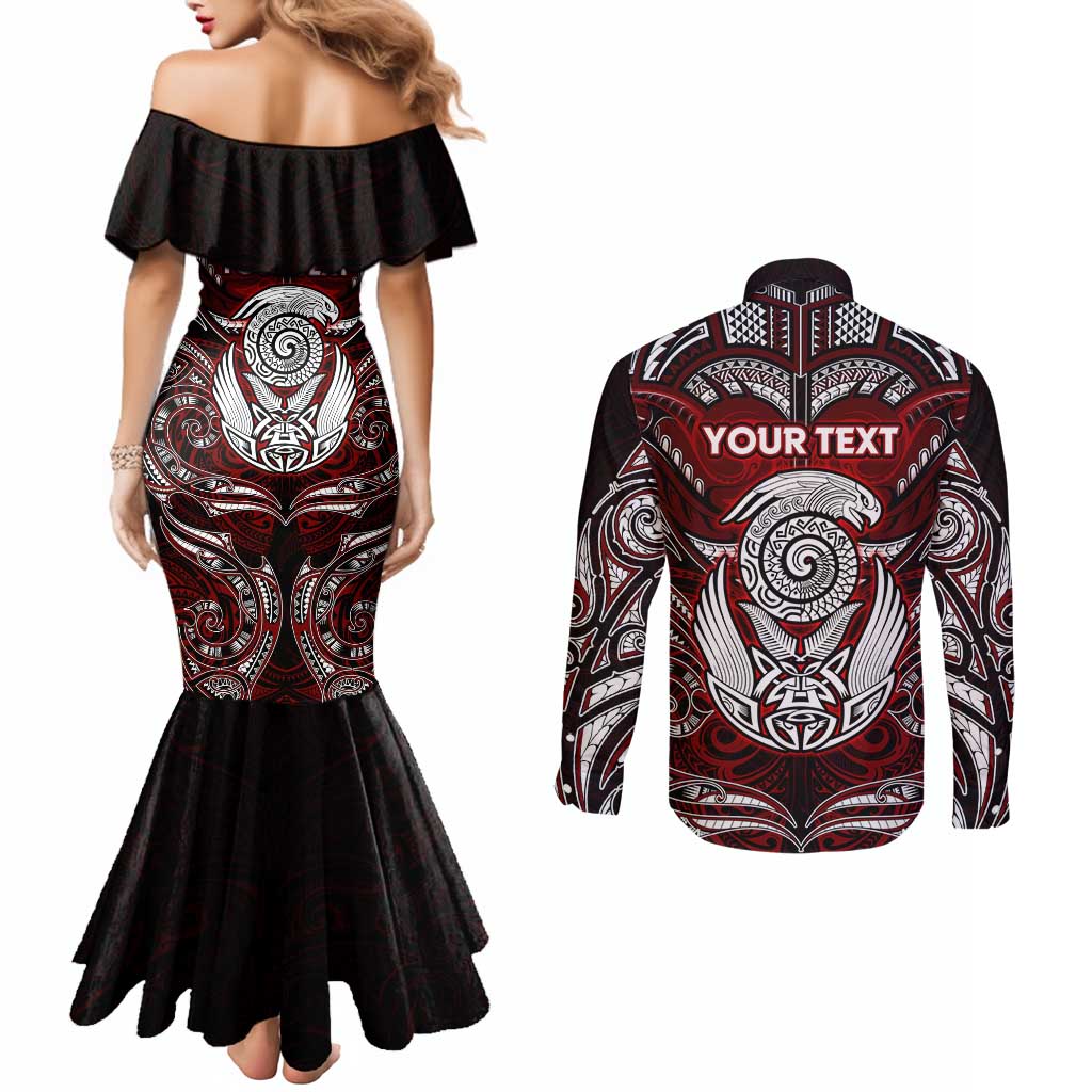 Personalized New Zealand Aotearoa Rugby Couples Matching Mermaid Dress and Long Sleeve Button Shirt Maori Fern Tattoo Art