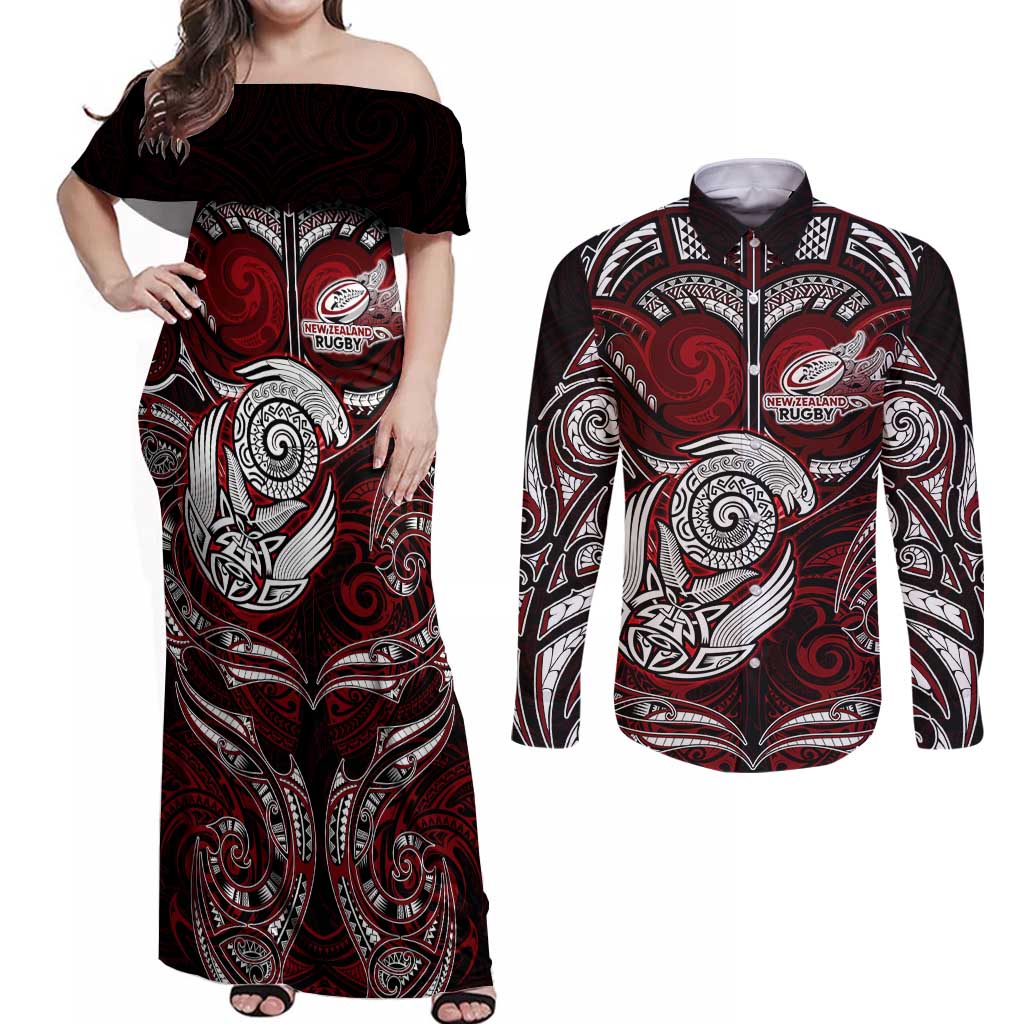 Personalized New Zealand Aotearoa Rugby Couples Matching Off Shoulder Maxi Dress and Long Sleeve Button Shirt Maori Fern Tattoo Art