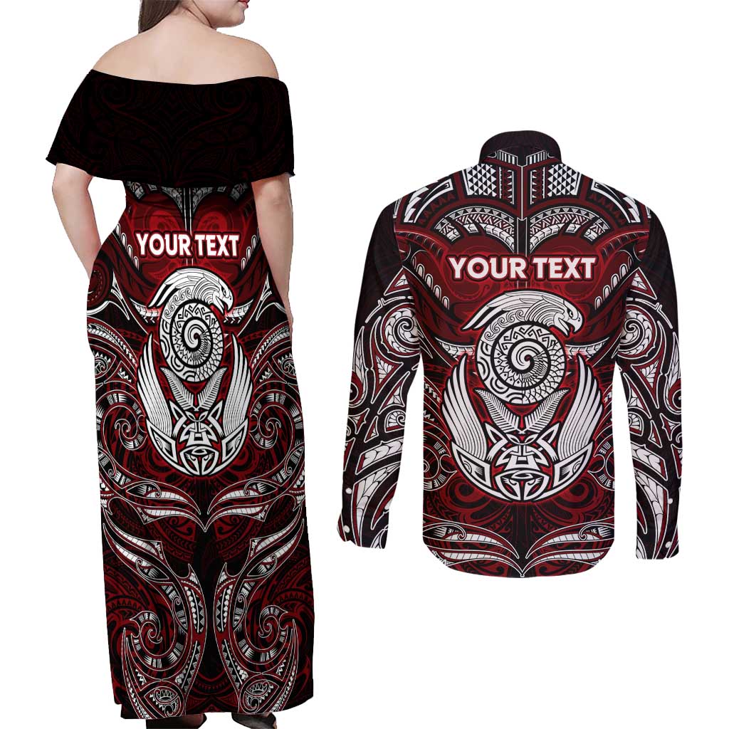 Personalized New Zealand Aotearoa Rugby Couples Matching Off Shoulder Maxi Dress and Long Sleeve Button Shirt Maori Fern Tattoo Art