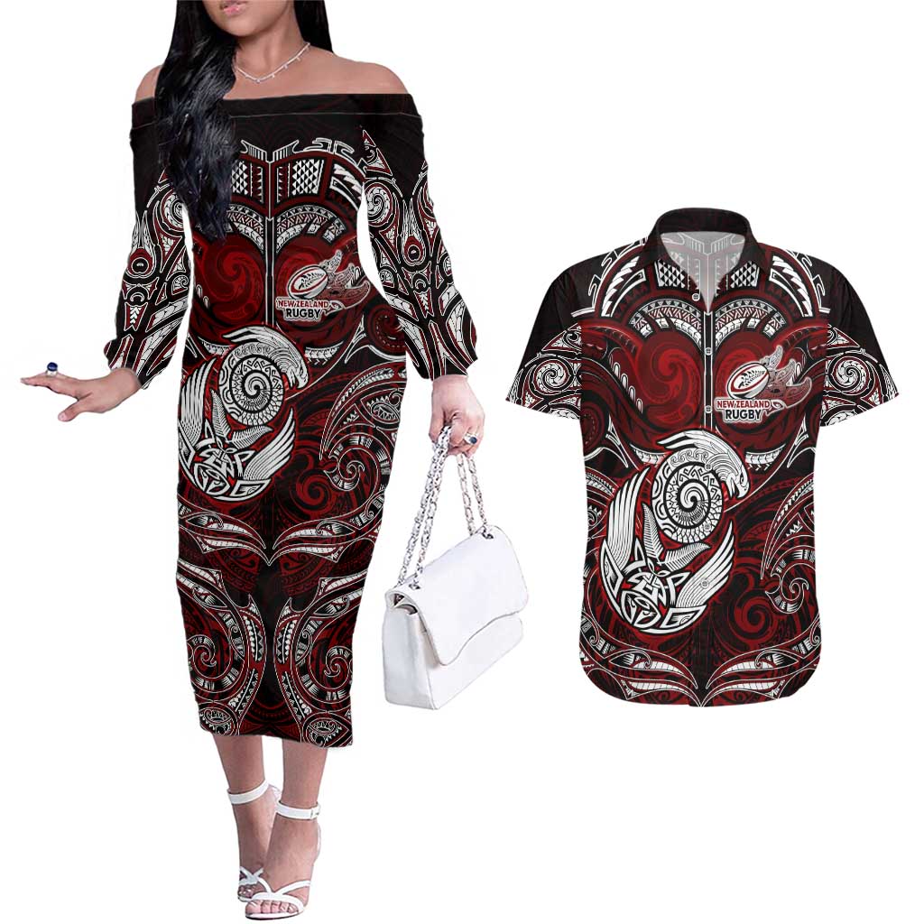 Personalized New Zealand Aotearoa Rugby Couples Matching Off The Shoulder Long Sleeve Dress and Hawaiian Shirt Maori Fern Tattoo Art