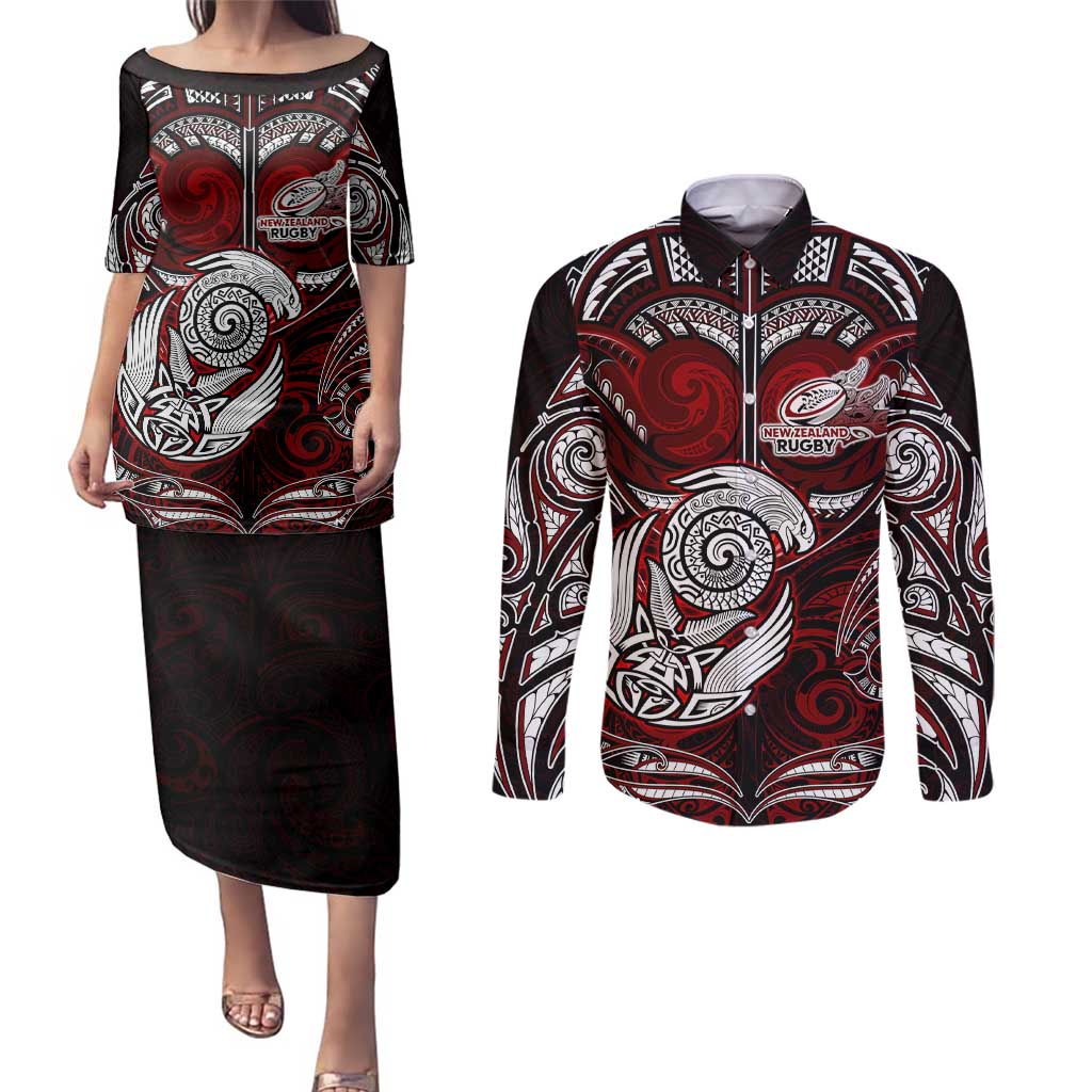 Personalized New Zealand Aotearoa Rugby Couples Matching Puletasi and Long Sleeve Button Shirt Maori Fern Tattoo Art
