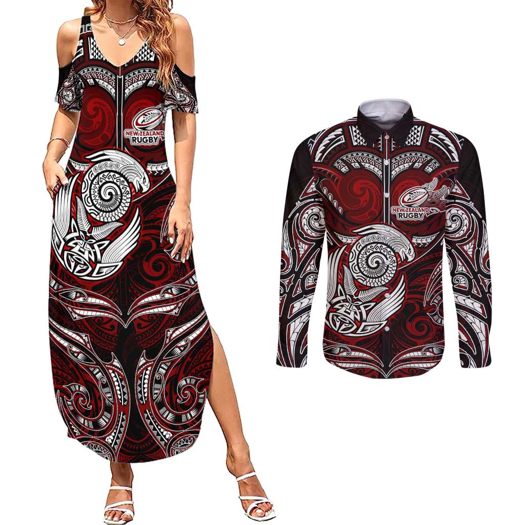 Personalized New Zealand Aotearoa Rugby Couples Matching Summer Maxi Dress and Long Sleeve Button Shirt Maori Fern Tattoo Art