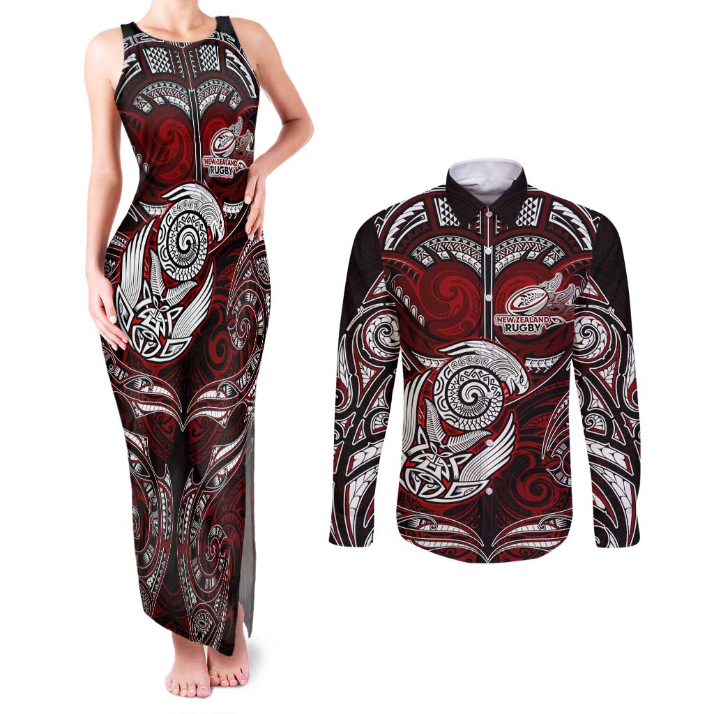 Personalized New Zealand Aotearoa Rugby Couples Matching Tank Maxi Dress and Long Sleeve Button Shirt Maori Fern Tattoo Art