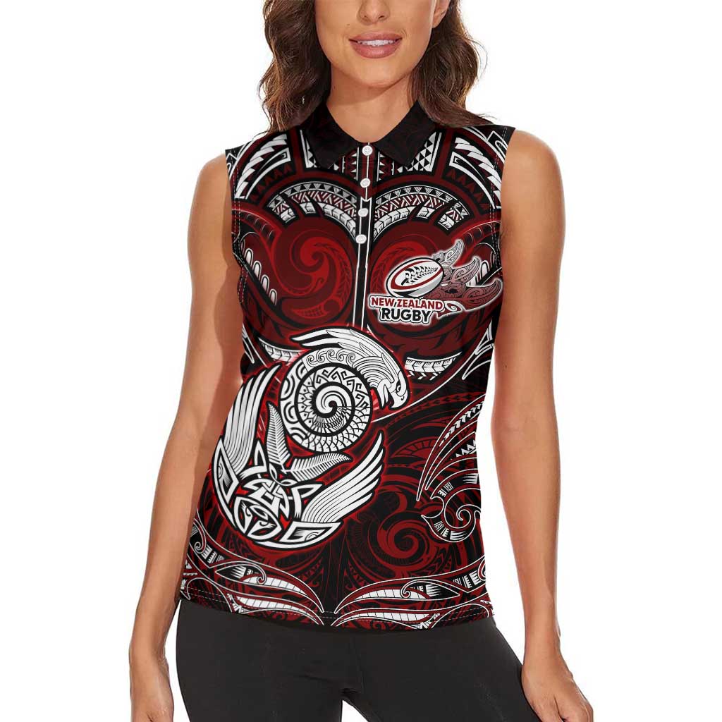 Personalized New Zealand Aotearoa Rugby Women Sleeveless Polo Shirt Maori Fern Tattoo Art