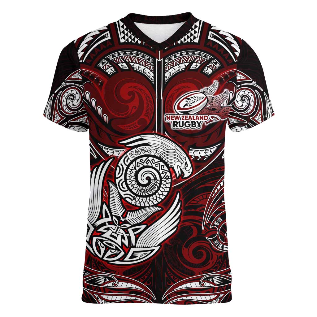 Personalized New Zealand Aotearoa Rugby Women V-Neck T-Shirt Maori Fern Tattoo Art