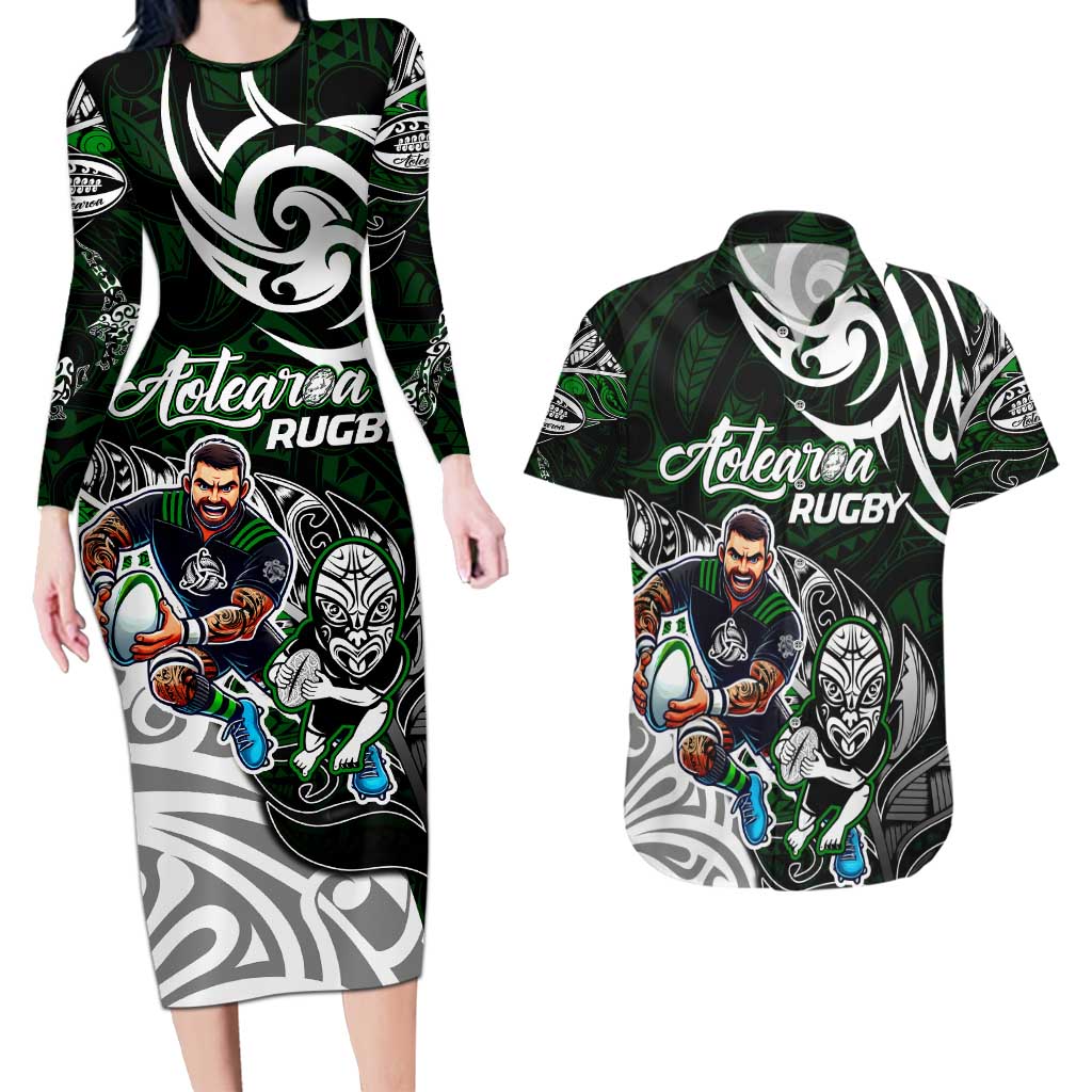 Personalized NZ Aotearoa Rugby Couples Matching Long Sleeve Bodycon Dress and Hawaiian Shirt New Zealand Silver Fern