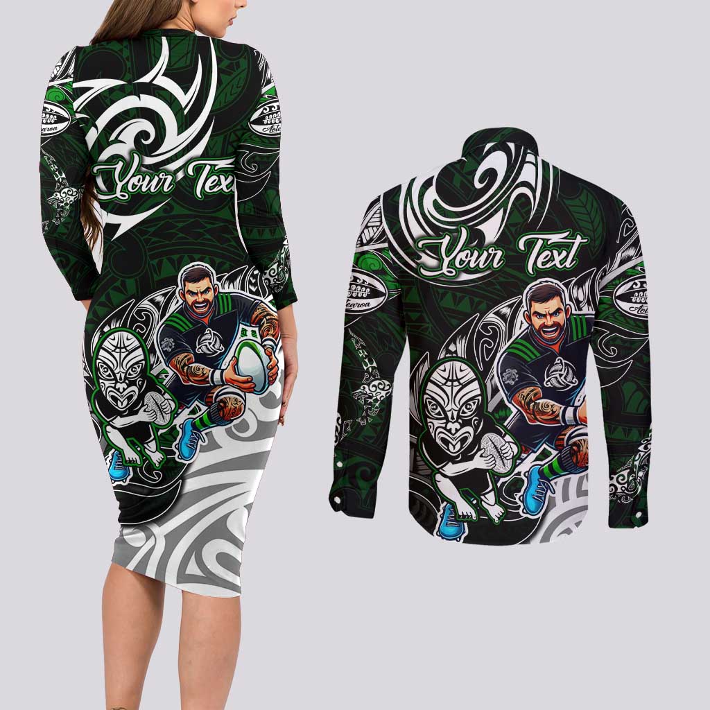 Personalized NZ Aotearoa Rugby Couples Matching Long Sleeve Bodycon Dress and Long Sleeve Button Shirt New Zealand Silver Fern