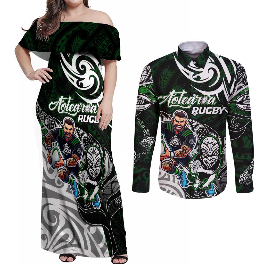 Personalized NZ Aotearoa Rugby Couples Matching Off Shoulder Maxi Dress and Long Sleeve Button Shirt New Zealand Silver Fern