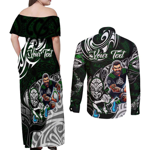 Aotearoa New Zealand Couples Matching Summer Maxi Dress and Long Sleeve Button Shirts Silver Fern Kiwi Bird and NZ Map with Maori Tribal Red Style LT03 main image 1