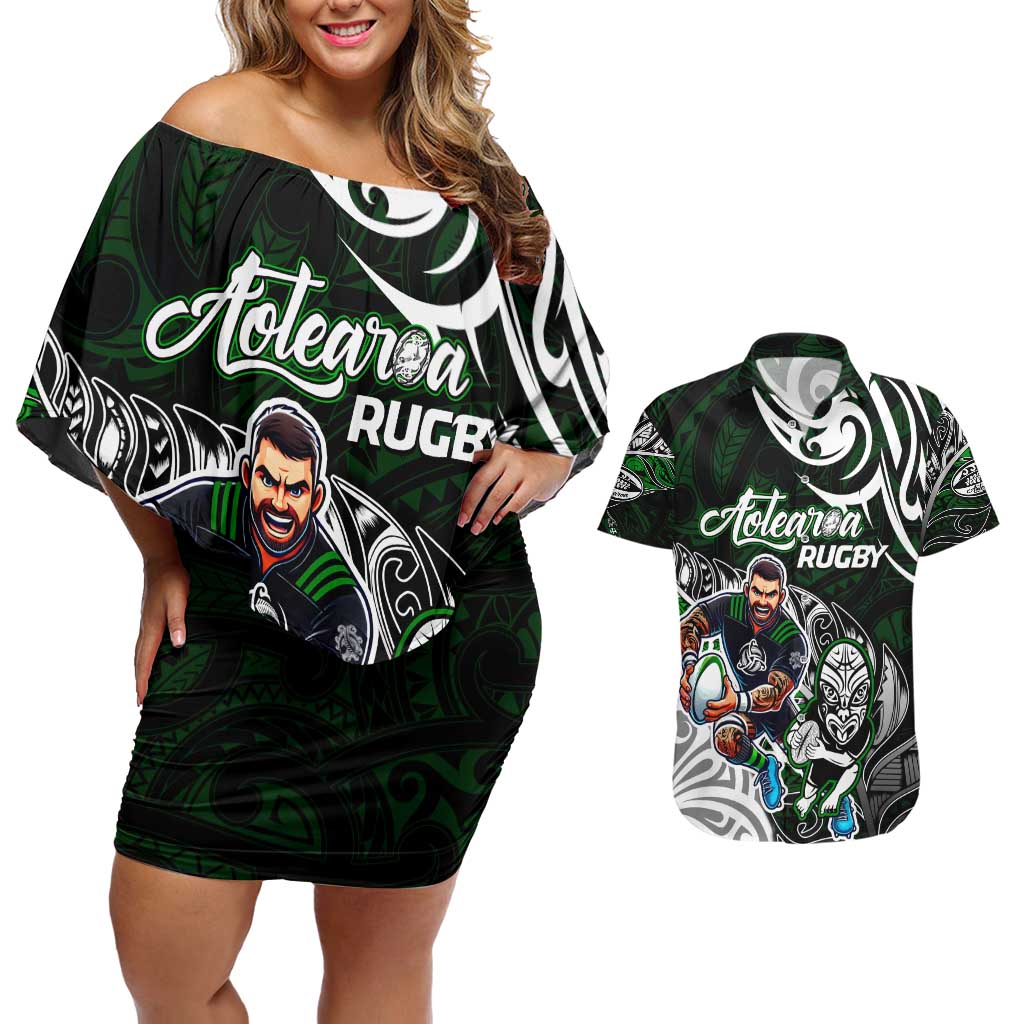 Personalized NZ Aotearoa Rugby Couples Matching Off Shoulder Short Dress and Hawaiian Shirt New Zealand Silver Fern