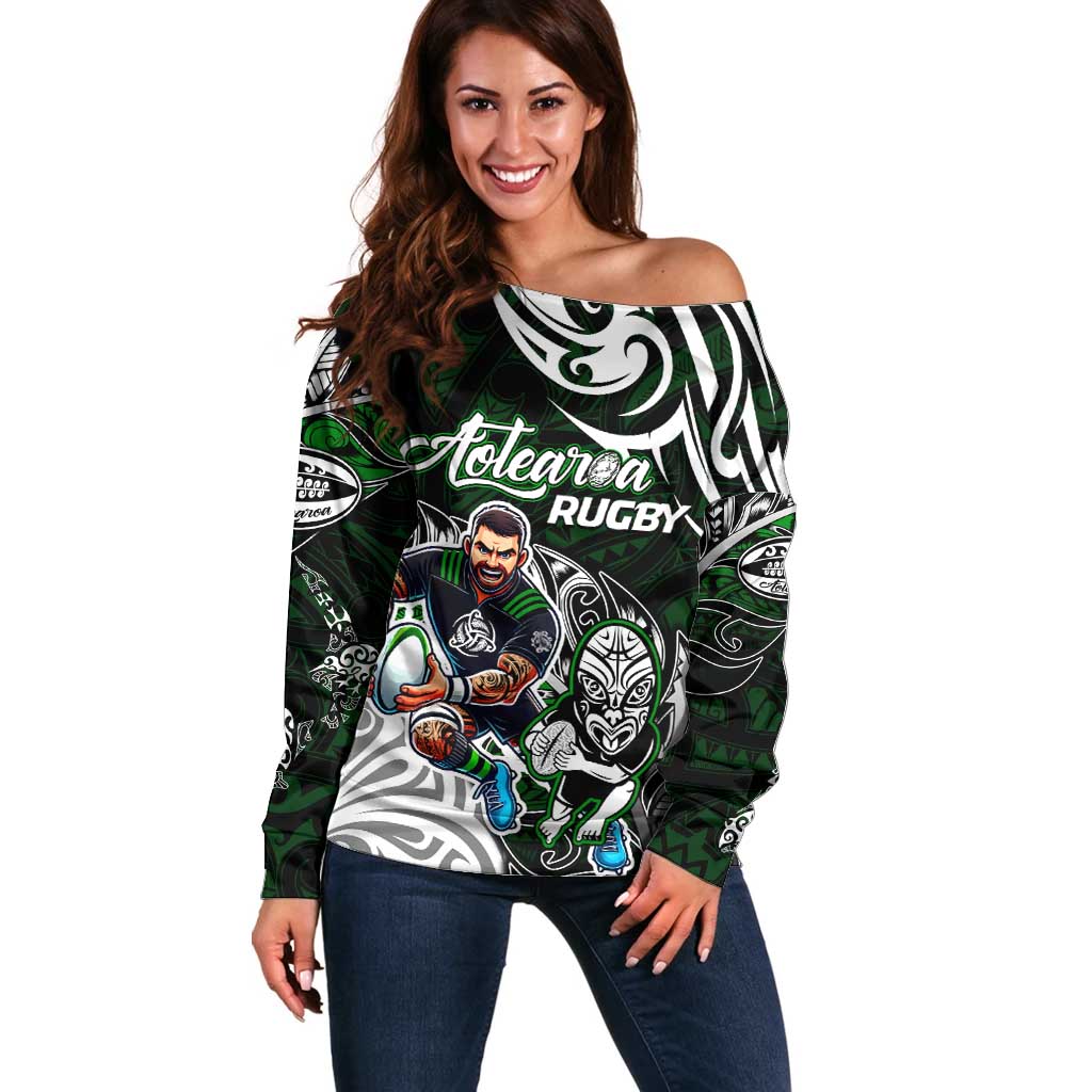 Personalized NZ Aotearoa Rugby Off Shoulder Sweater New Zealand Silver Fern DT02 Women Green - Polynesian Pride