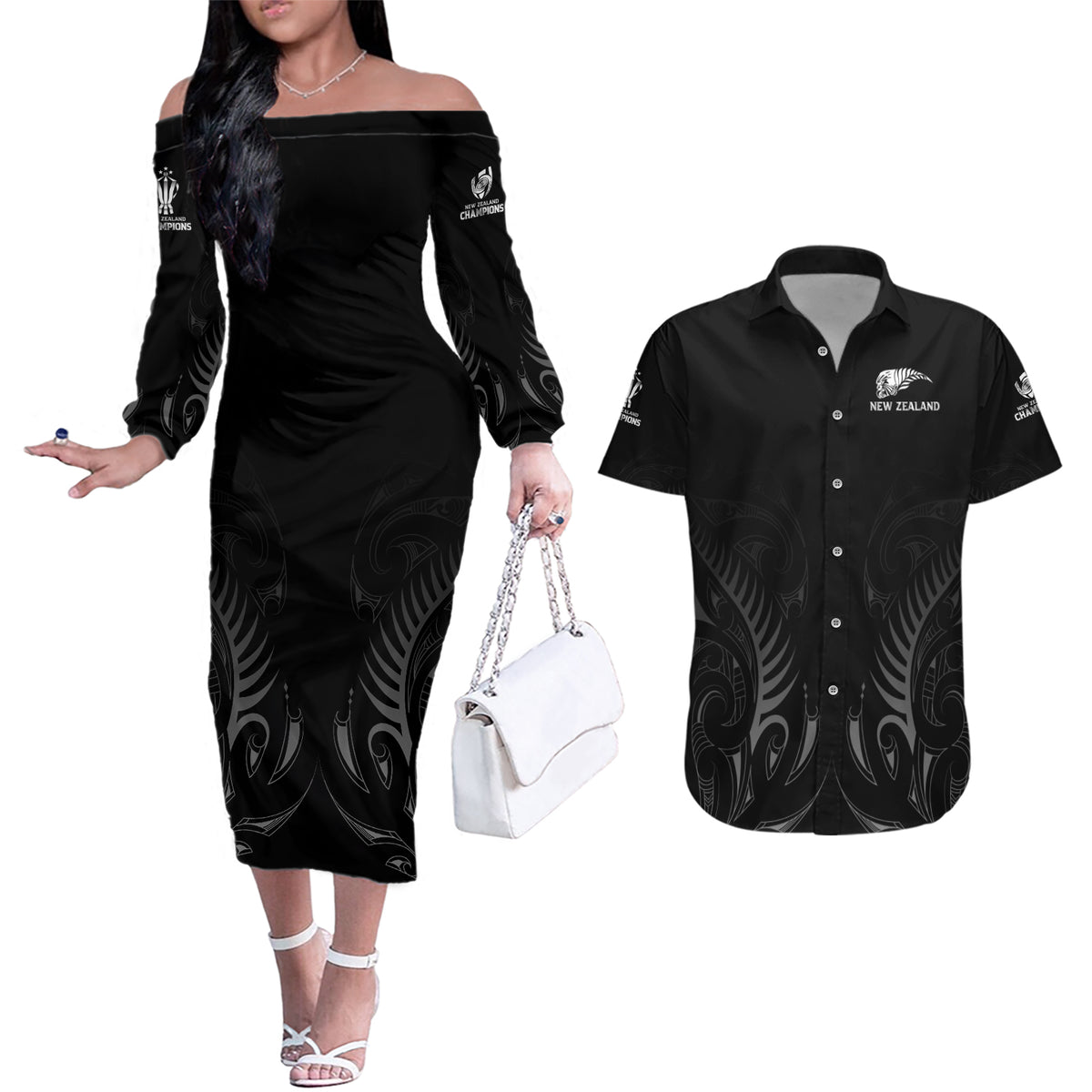 New Zealand Couples Matching Off The Shoulder Long Sleeve Dress and Hawaiian Shirt Rugby 2023 Champions Black DT02 Black - Polynesian Pride