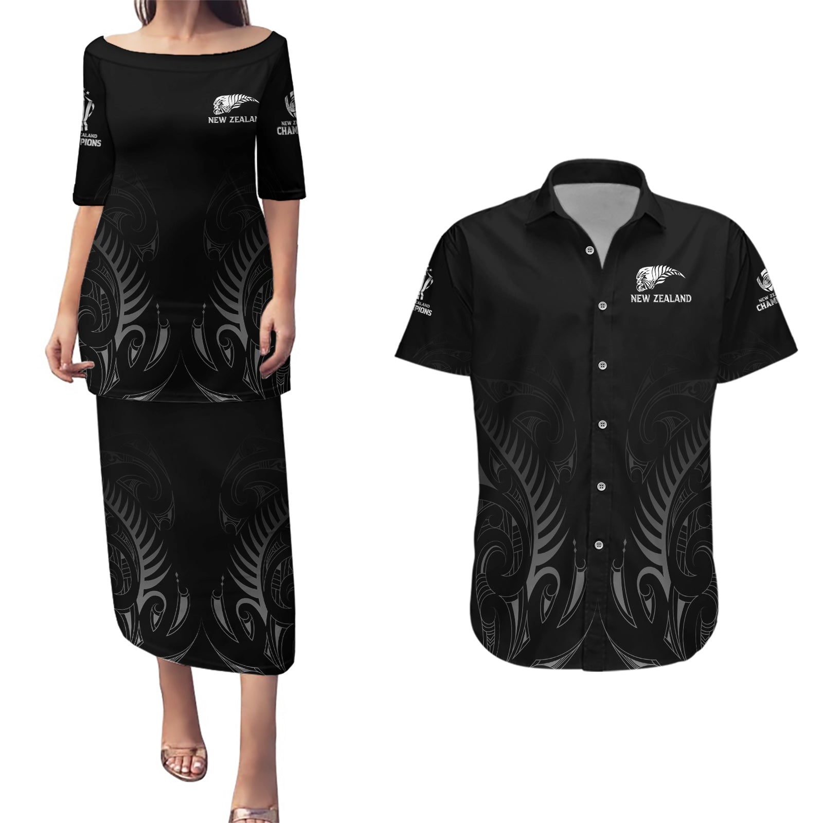 New Zealand Couples Matching Puletasi Dress and Hawaiian Shirt Rugby 2023 Champions Black DT02 Black - Polynesian Pride