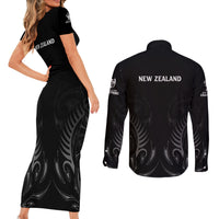 New Zealand Couples Matching Short Sleeve Bodycon Dress and Long Sleeve Button Shirt Rugby 2023 Champions Black DT02 - Polynesian Pride