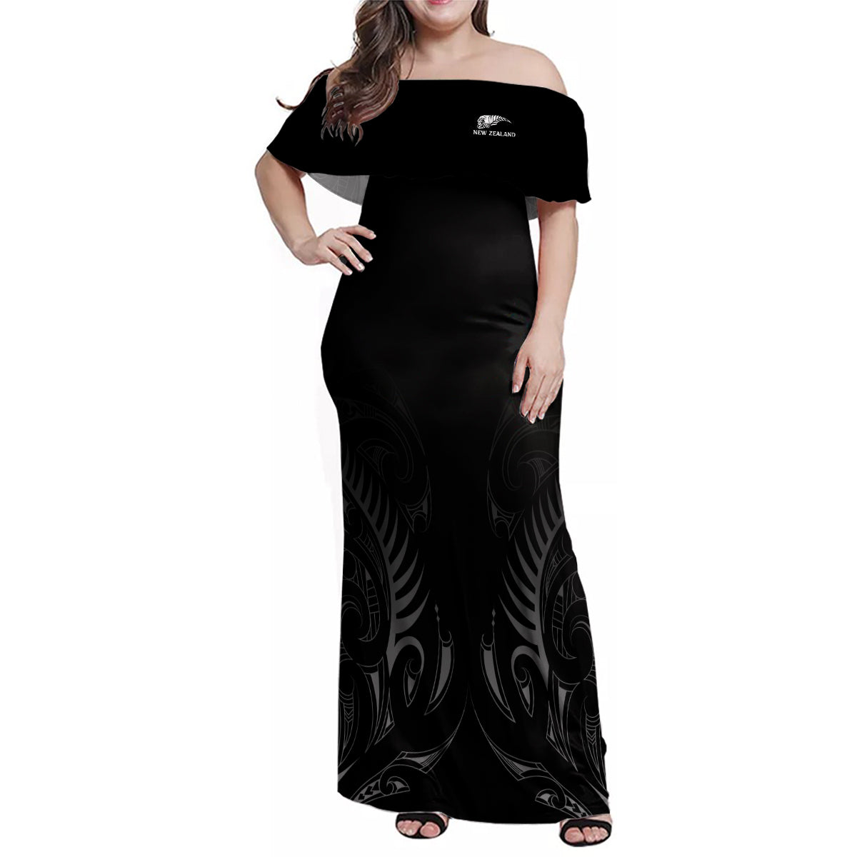New Zealand Family Matching Off Shoulder Maxi Dress and Hawaiian Shirt Rugby 2023 Champions Black DT02 Mom's Dress Black - Polynesian Pride