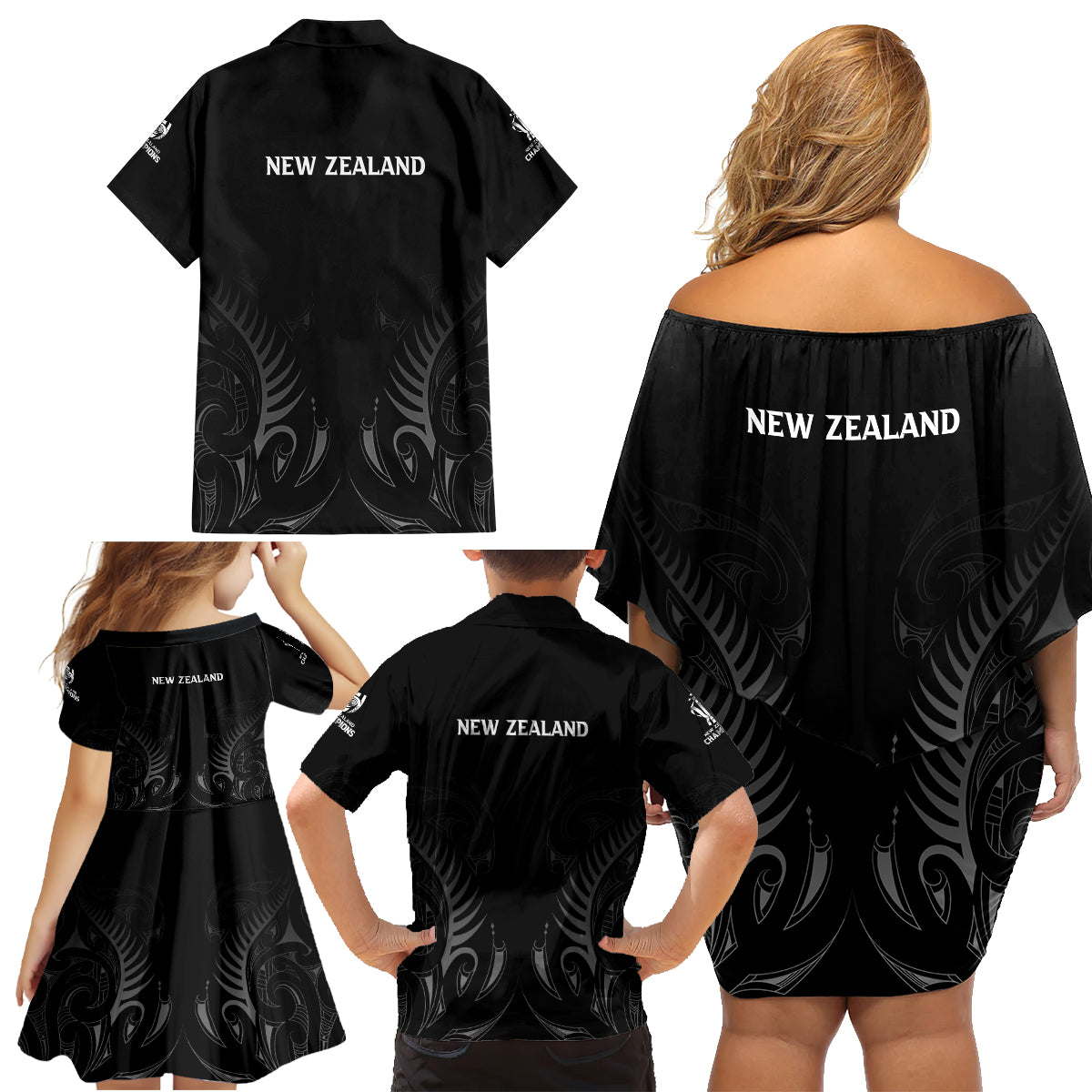 New Zealand Family Matching Off Shoulder Short Dress and Hawaiian Shirt Rugby 2023 Champions Black DT02 - Polynesian Pride