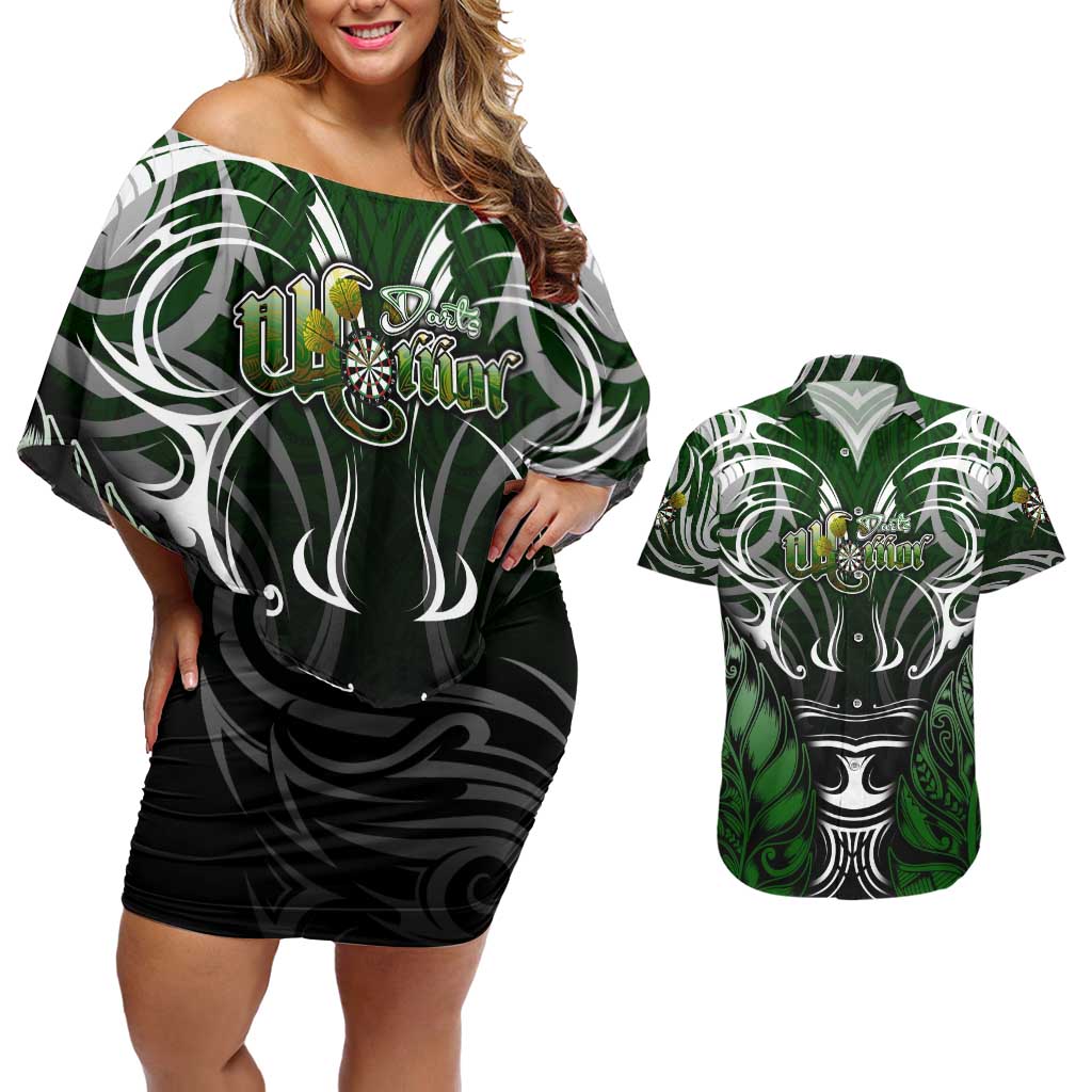 Personalised Warriors Maori Darts Couples Matching Off Shoulder Short Dress and Hawaiian Shirt New Zealand Darts Silver Fern